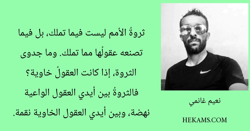 ثروةُ الأمم ليست فيما تملك، بل فيما تصنعه عقولُها مما تملك. 
وما جدوى الثروة، إذا كانت العقولُ خاوية؟ فالثروةُ بين أيدي العقول الواعية نهضة، وبين أيدي العقول الخاوية نقمة.